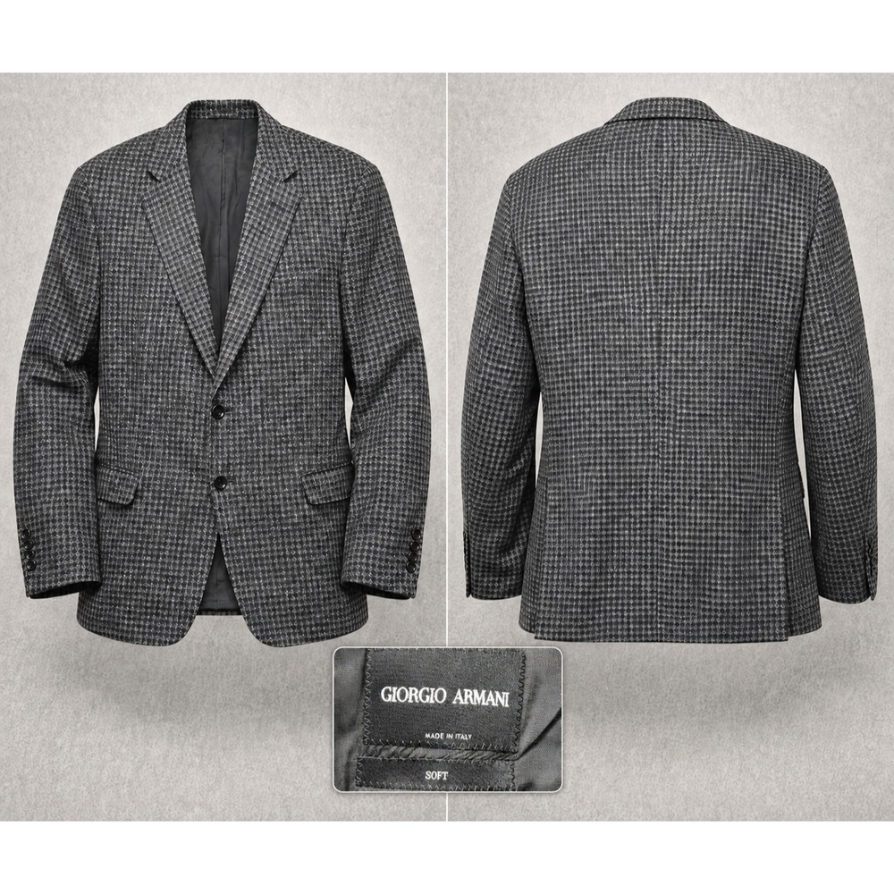 Giorgio Armani Black Label Mens 52R Wool Soft Blazer Sport Coat Plaid Check Gray